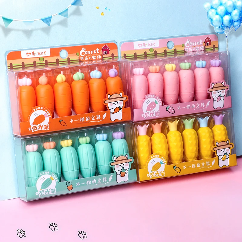 

6Pcs/set Cute Carrot Fruit Shape Highlighters Cartoon Mini Corn Marker Pen Fluorescence Markers for Journaling School Supplies