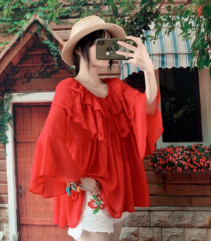 Летняя Праздничная красная рубашка в богемном стиле с оборками и расклешенными
