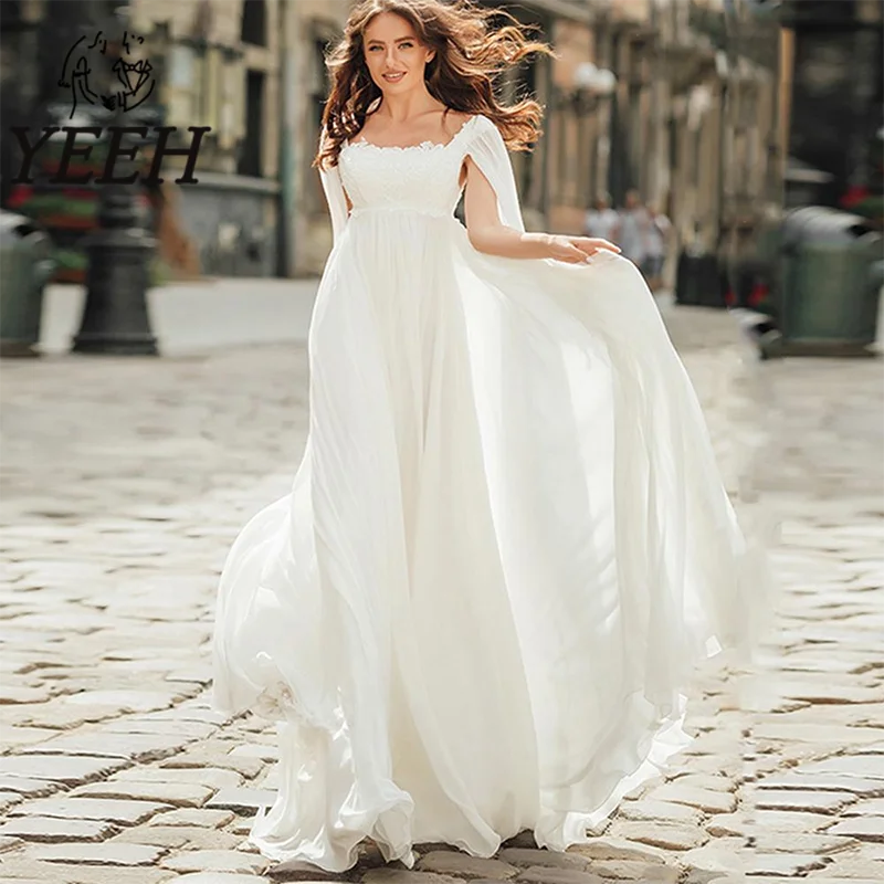

YEEH Beach Square Collar Chiffon A-line Wedding Dress For Pregnant Ribbon Sleeves Bridal Dress Simple Appliques Lace Gown 2023
