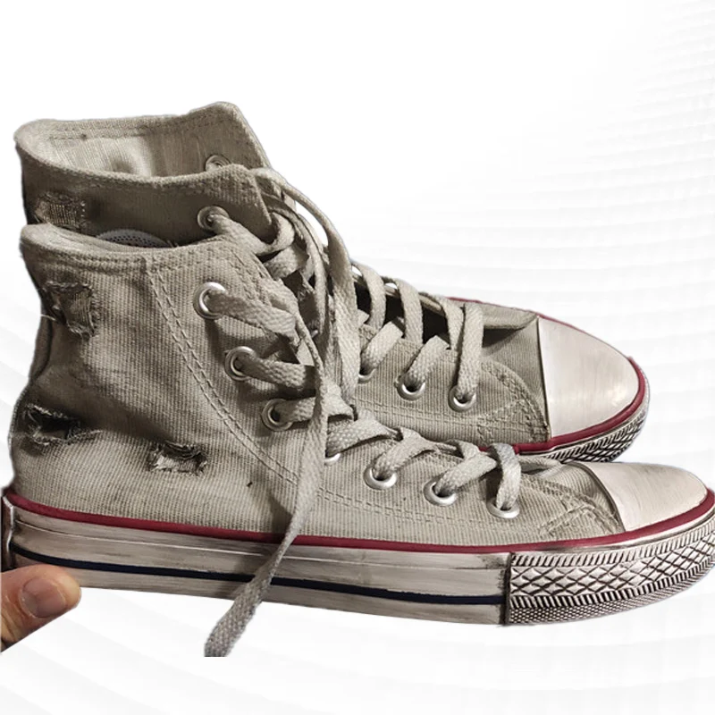 

Gray high-top dirty and dirty old canvas shoes hole beggar shoes walking comfortable street shooting handmade holes 35-46
