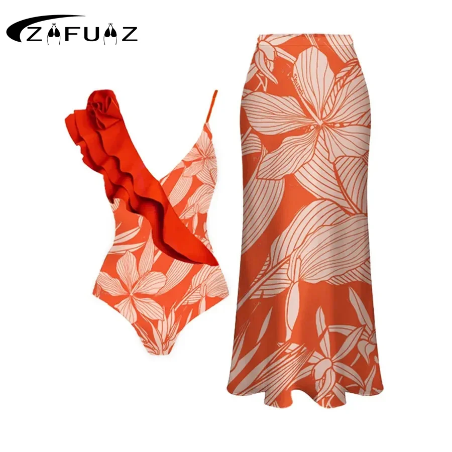 

ZAFUAZ 2023 Sexy Women Swimwear One Piece Swimsuit Skirt Ruffle Shoulder Bikini Set Brazilian Beachwear Bathing Suit Dress