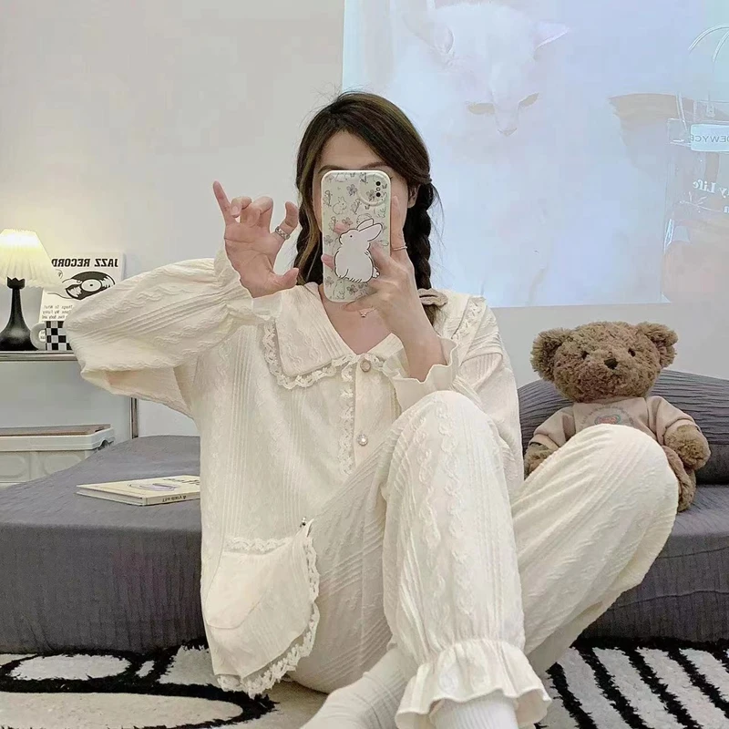 Молодежные вафельные пижамы для девочек весенне-летний милый и комплект из двух