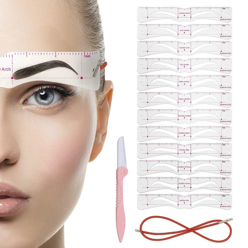 Reusable Eyebrow Stencil Set 3D Eye Makeup Stencils Eye Brow Grooming Template Card Drawing Guide Styling Shaping Tool with Rope