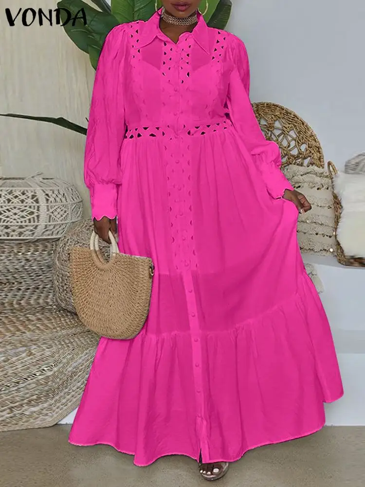 

Элегантное Длинное Летнее женское платье VONDA, ажурное Плиссированное Праздничное Платье макси с оборками, платье с отложным воротником, пуг...