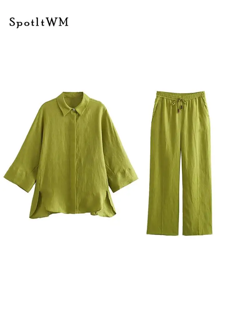 

Women Solid High Waist Pants Outfits Casual Lapel Long Sleeve Shirt And Trousers Suits Summer Fashion Wide Leg Pants 2 Piece Set