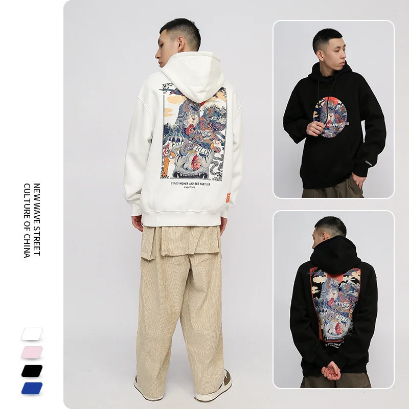 

Top Grade Pure Cotton Hoodies for Autumn Winter 2022 New Chinese Style Sweatshirt Men's Unicorn Print Fleece Thick Loose Tops