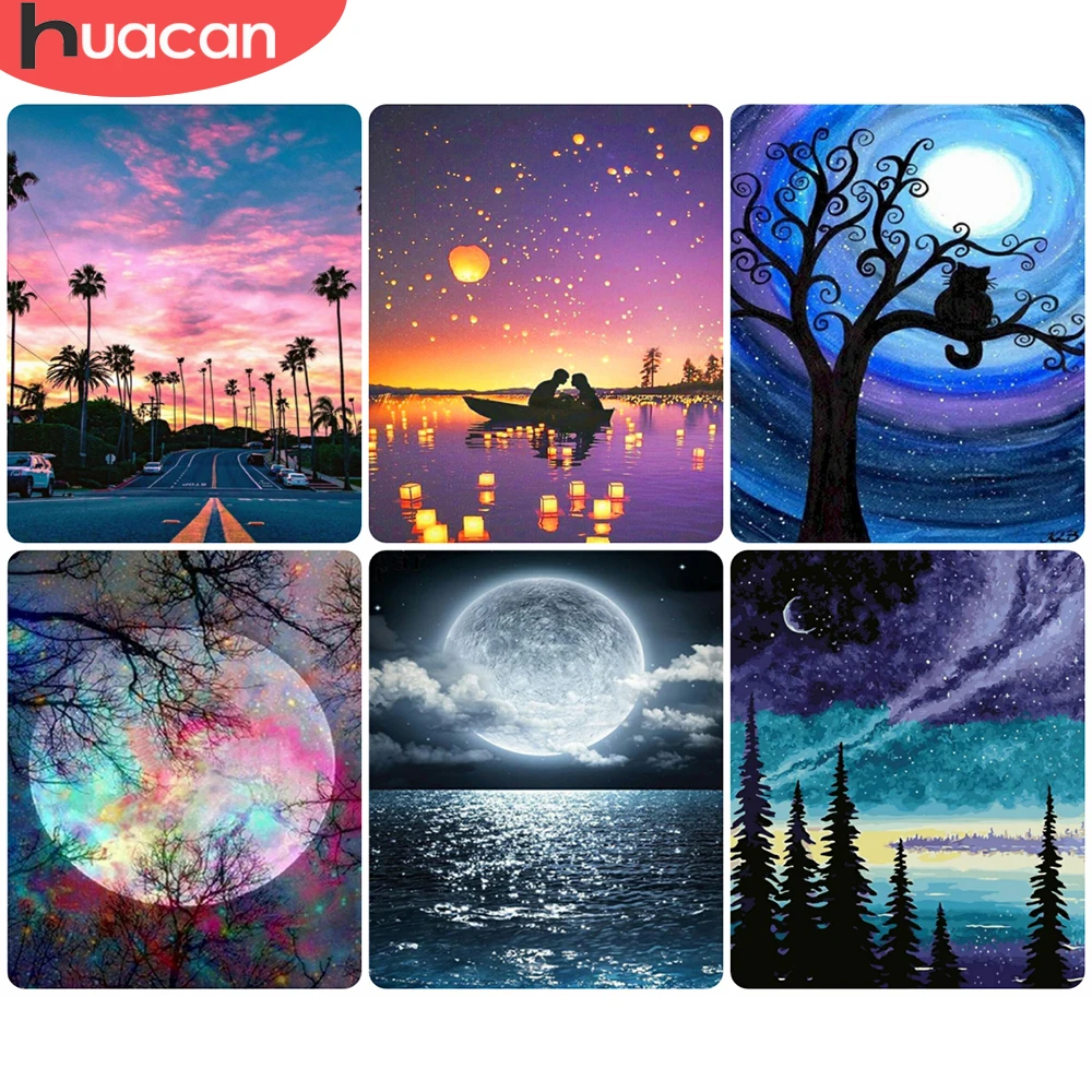 

HUACAN Oil Painting By Numbers Moon Scenery Wall Art Unique Gift Hand Painted Drawing By Numbers Night Children's Room Decor