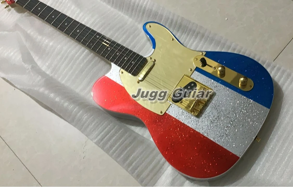 

Custom Shop Owen Bucks Big Sparkle Metallic Red Silve Blue Tele Electric Guitar Gold Hardware, Rosewood Fingerboad