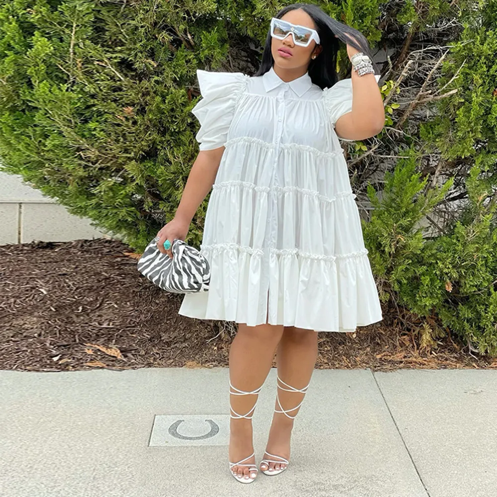 

. Платье-рубашка. Женская модная повседневная Летняя однотонная мини-юбка с отложным воротником и рукавами-пузырями с высокой талией, женское свободное платье