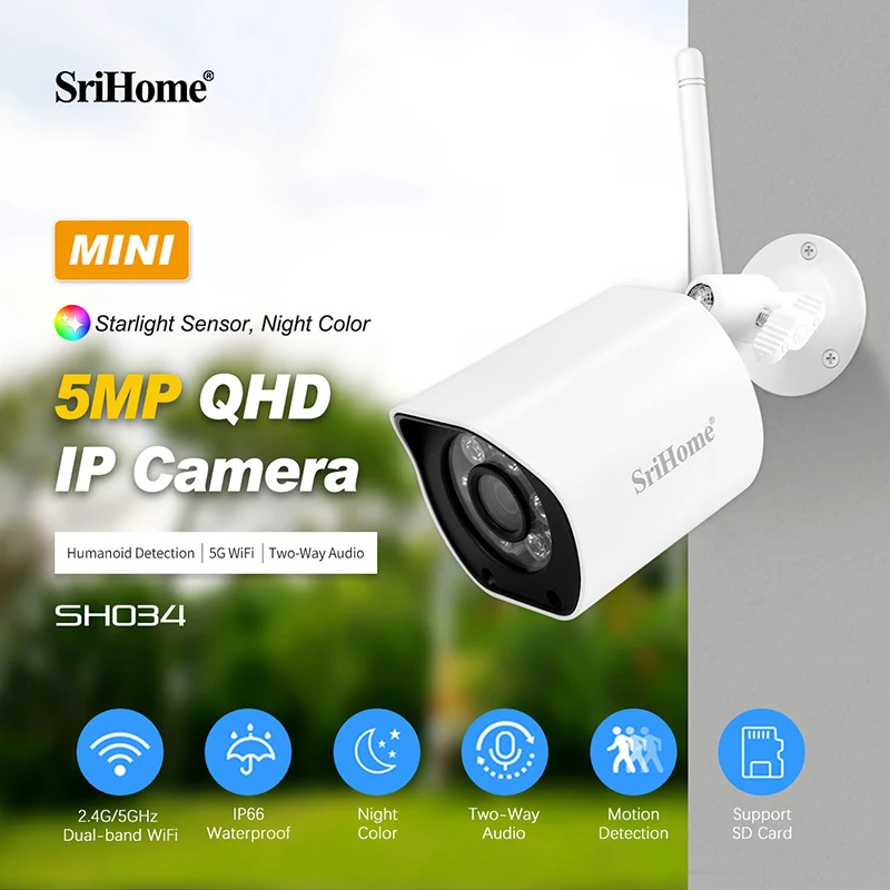 

SriHome SH034 HD 5MP 5G Wifi IP Camera Outdoor Waterproof Video Surveillance Security H.265 Full Color IR Night Vision CCTV Cam