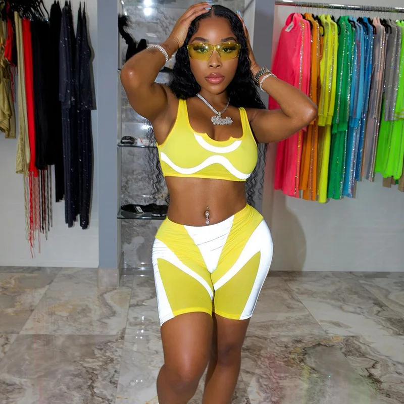 

Patchwork Two Piece Set Women Casual Sporty Slim Sleeveless Vest+Shorts Female Workout Suits