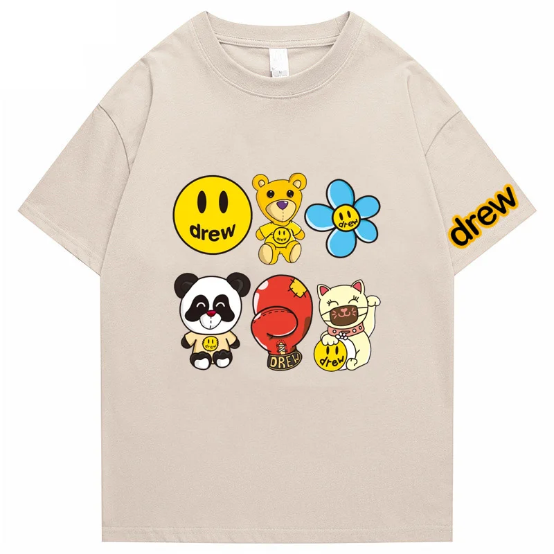 

DREW T Shirt Summer 100% Cotton Men O-neck T-shirt Male Women's t shirt Short Sleeve High Quality Tops HOUSE JUSTIN Brand Smiley