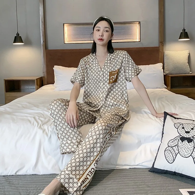 New Satin Chiffon Silk Couple Pajamas 2023 Spring/Summer Men's and Women's Short Sleeve Pants White Black Set