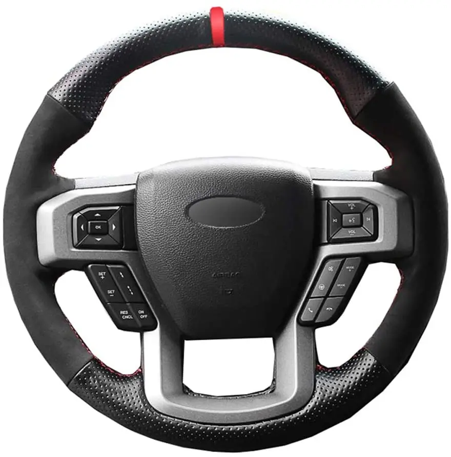 

Чехол для руля Ford F150 Raptor 2016-2019, черная перфорированная кожа замша, Красная Нить