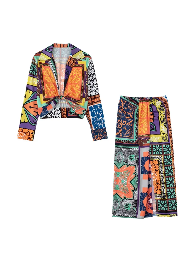 

Fashion Women Patchwork Open Stitch Cropped Shirt + Striaght Midi Skirts 2022 Summer BOHO Y2K For Holiday Streetwear