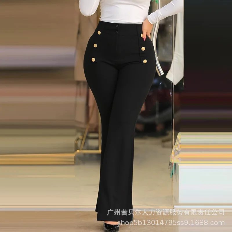

Women Elegant High Waist Stretch Flare Pants Female Casual Fashion Button Slim Fit Wide Leg Trousers Streetwear