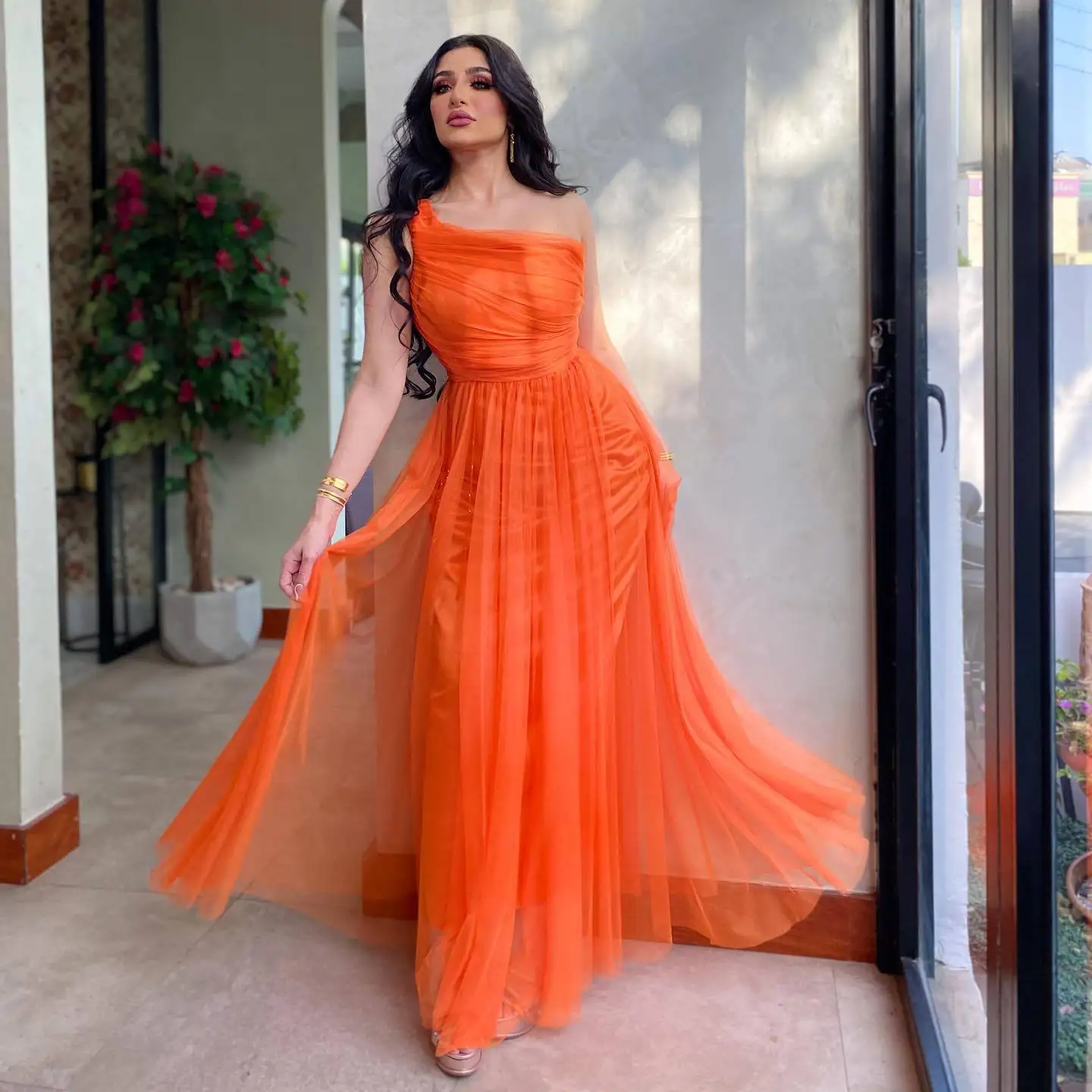 PLEINDI Luxury A-LINE Evening Dresses Wome Long Sleeves 2022 New Vintage Sequins One-Shoulder Cut-out Prom Ready-to-wear