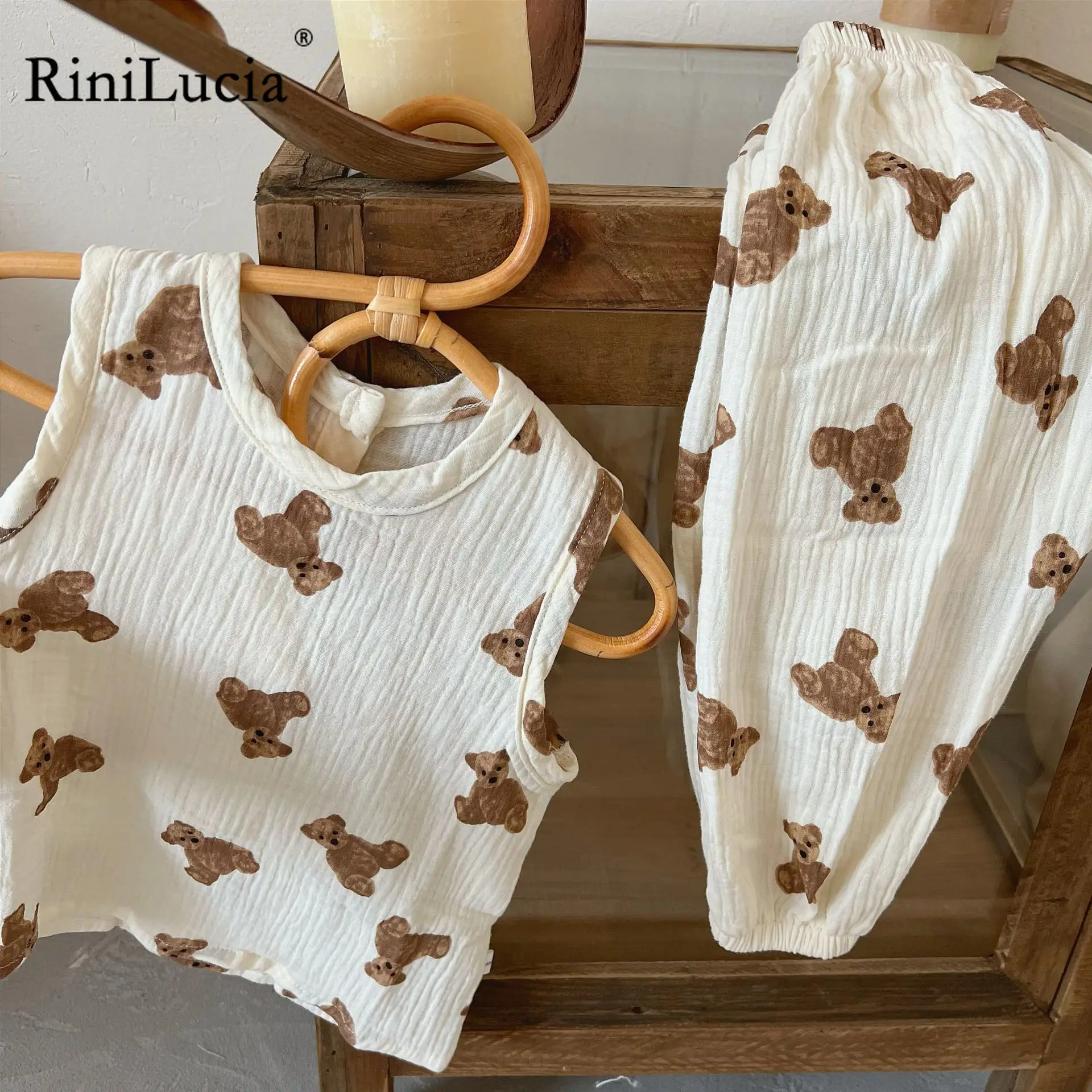 

RiniLucia Infant Fashion Bear Cartoon Print Vest Boy Sleeveless Tops And Baby Girl Cotton Shorts Set Kid Summer Suit
