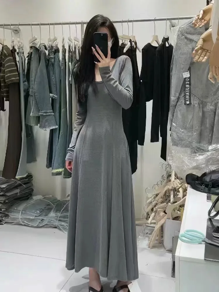 Elegant High Sense Autumn Dress Tall Waist Hugging Big Hemline Mopping Long dress Draping Effect Hepburn Black Women |