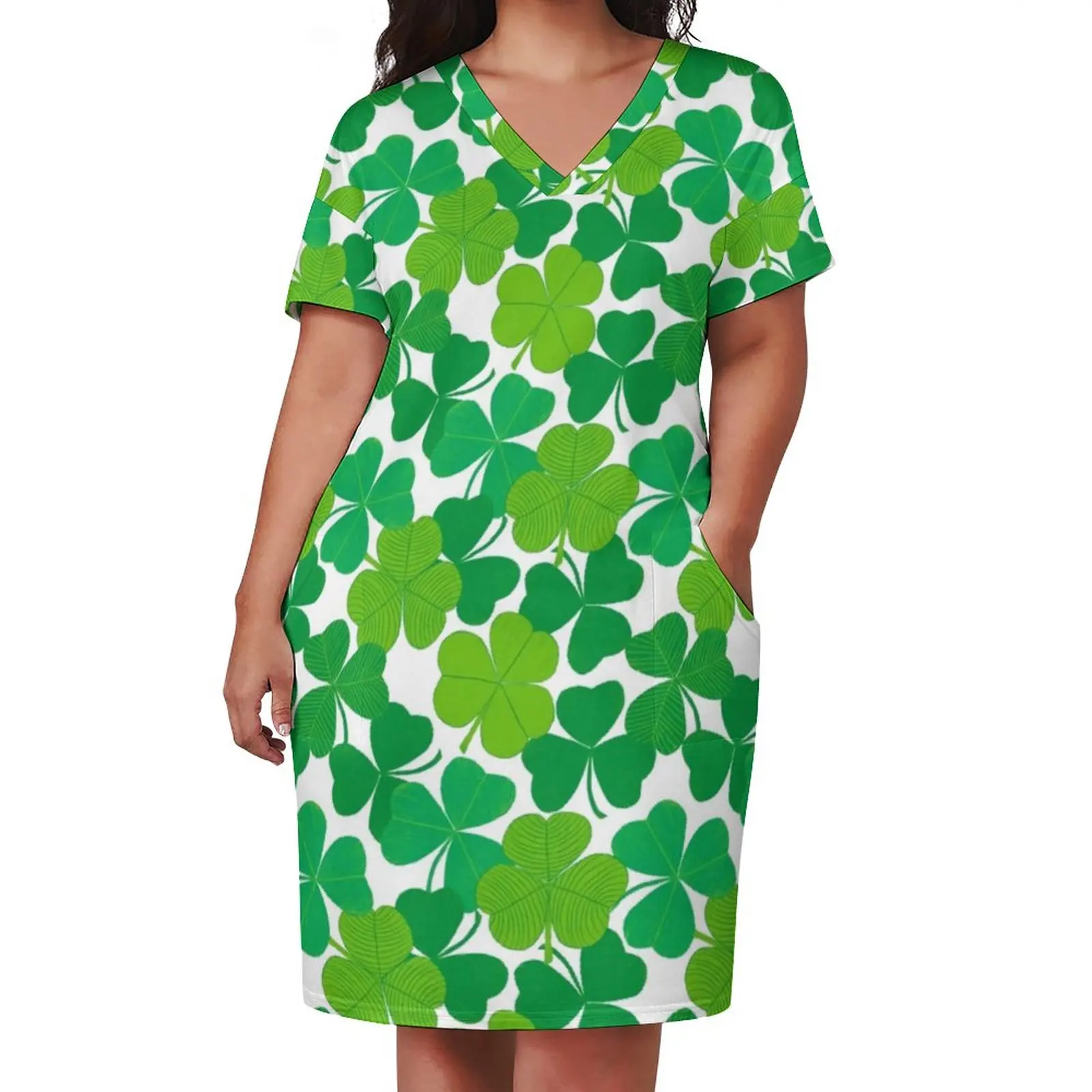 Shamrock Print Dress Plus Size Celebrate St Patricks Day Aesthetic Casual Dress Female Summer V Neck Elegant Dresses Gift Idea