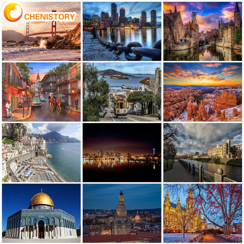 

CHENISTORY Paint By Numbers Kit City Bridge Oil Paints Painting On Canvas Wall Decoration Adults Drawing By Numbers Home Decor