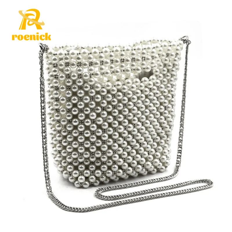 ROENICK Women Pearl Evening Buckets Lady Dinner Party Banquet Chain Shoulder Crossbody Bags Wedding Bridal Club Handbags Purses