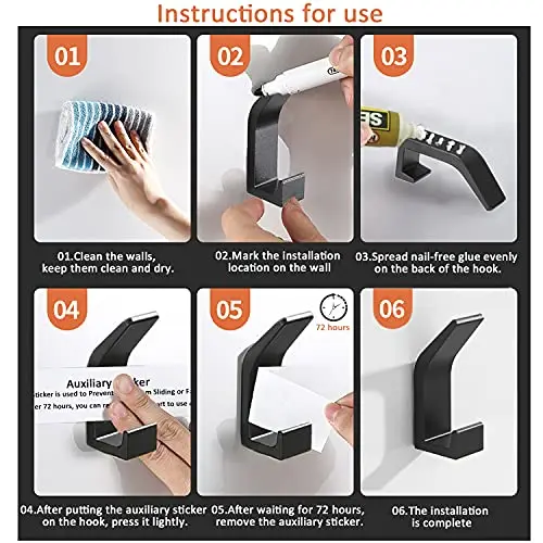 No Drilling Double Hook Black White Towel for Bathroom Bedroom Robe Coat Livingroom Kitchen Accessories |