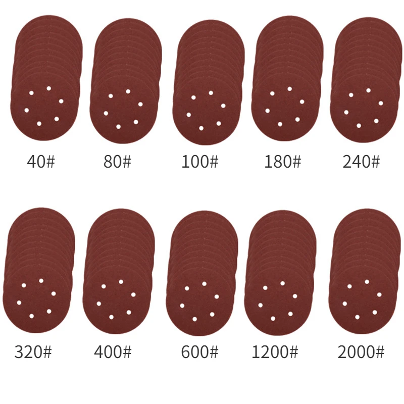 100 шт. 150 мм 6-дюймовая наждачная бумага с 6 отверстиями для диска пескоструйных листов зернистостью 40-800 крепление на липучке для полировки бумаги инструмент аксессуаров.