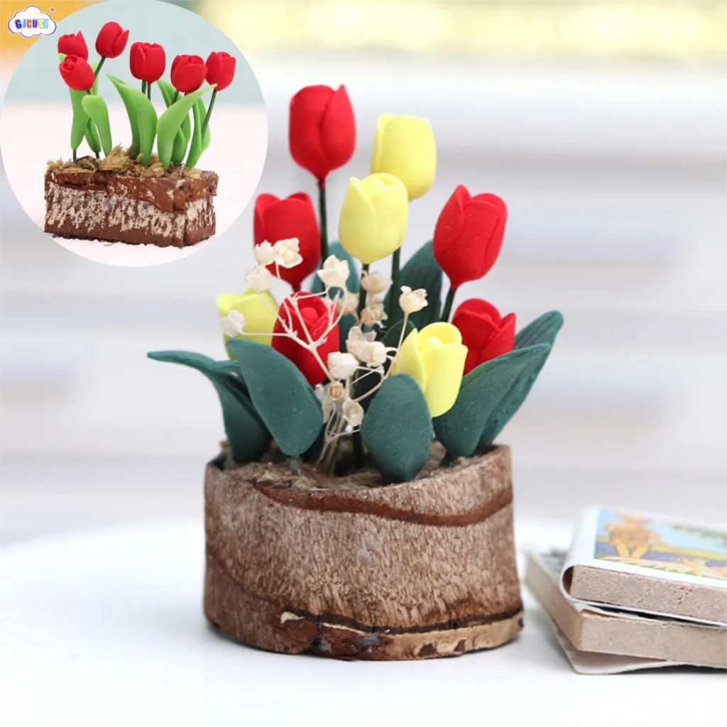 

1Pc 1:12 Miniature Plant Multicolor Tulip Flower Potted Plant Model Dollhouse Fairy Garden Scene Decoration Accessories Toy