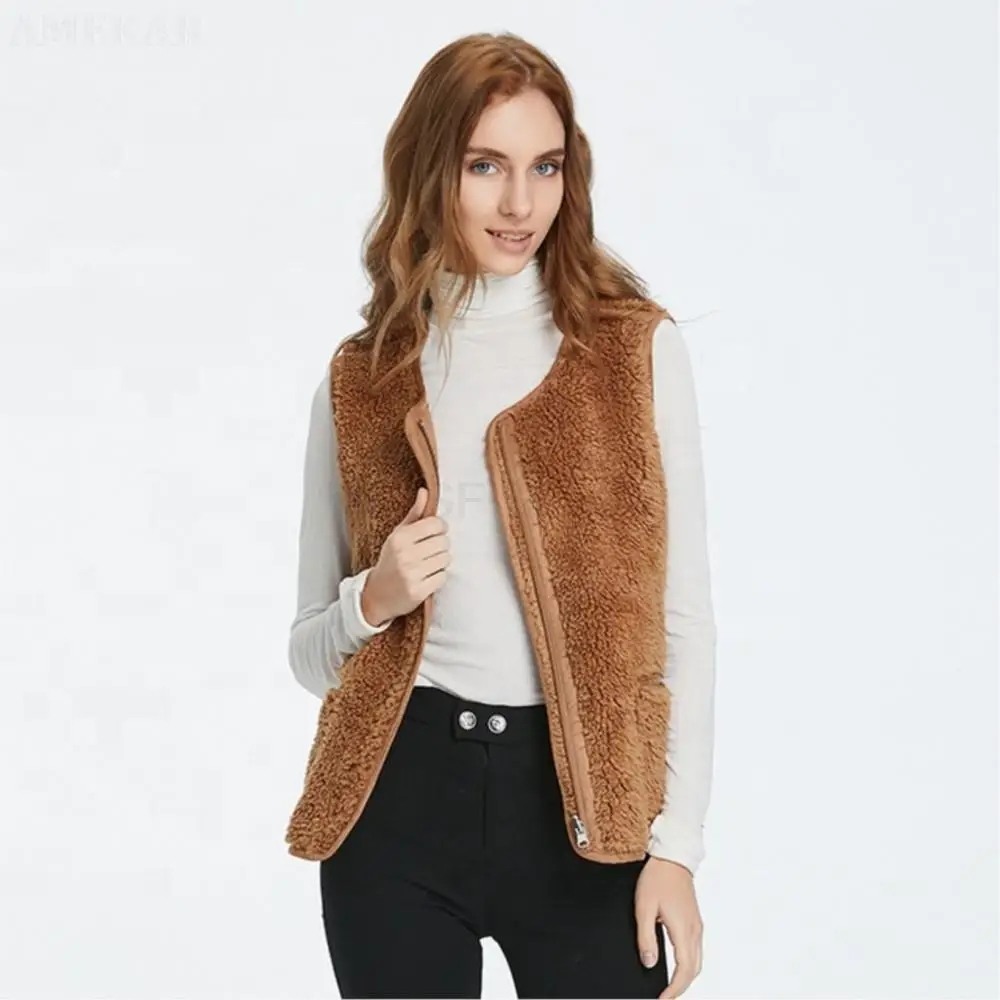 Women Winter Real Fur Zipper Vest Pure Color o-neck Warm Adult Coat Real Fur Dual Pocket Thermal Elegant Women's Vest 2022