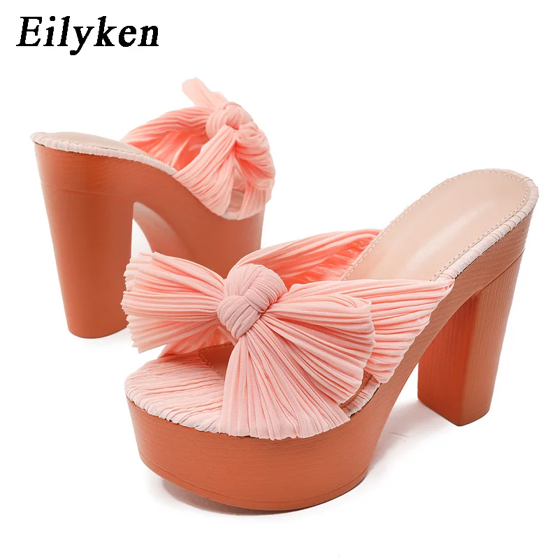 

Eilyken New Platform Butterfly-knot Slippers For Women Summer Pleated Thick High Heel Female Slide Shoes Peep Toe Sandals