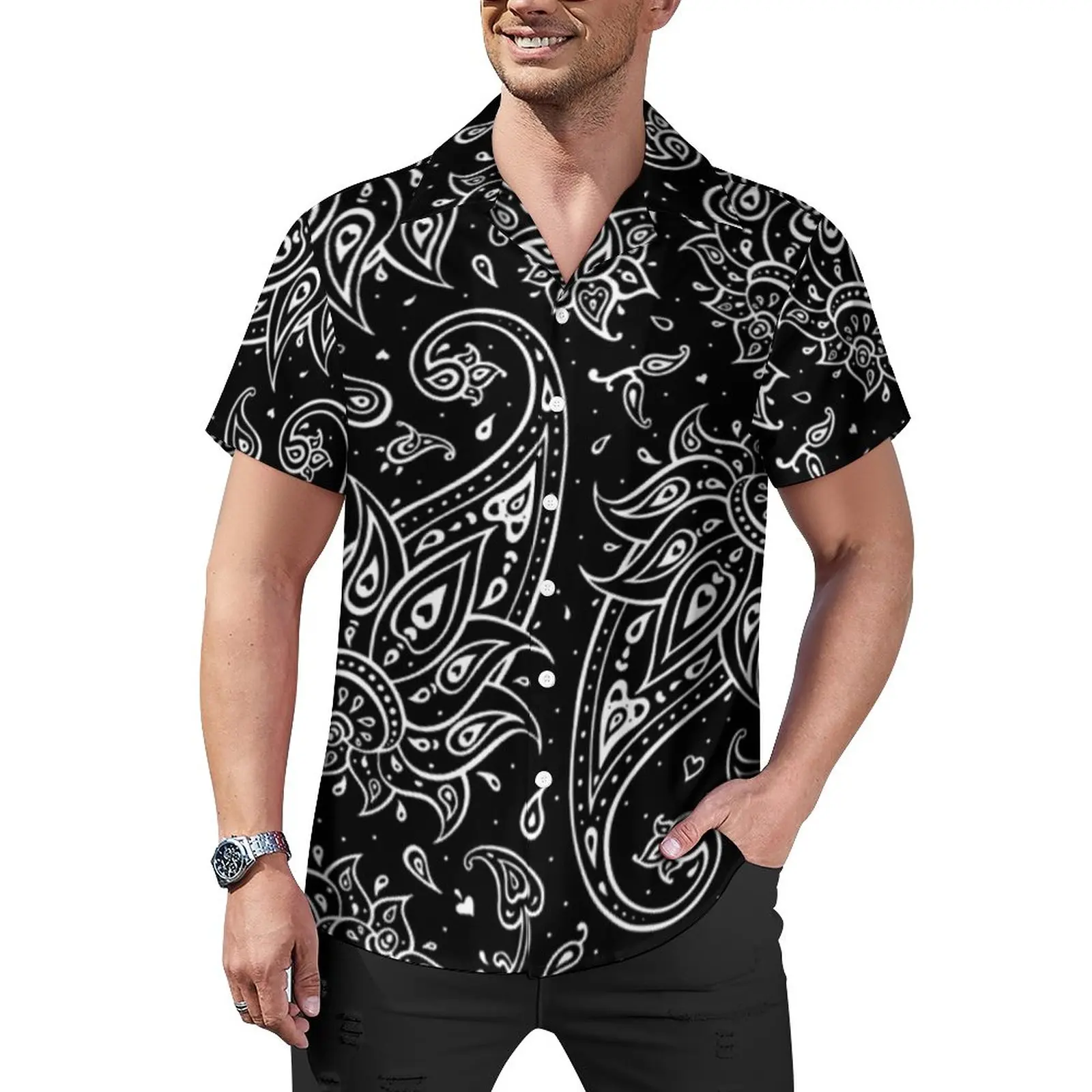 

Блузка мужская в стиле барокко, Повседневная белая пляжная рубашка оверсайз с принтом пейсли, с коротким рукавом, В гавайском стиле Харадзюку, идея для подарка