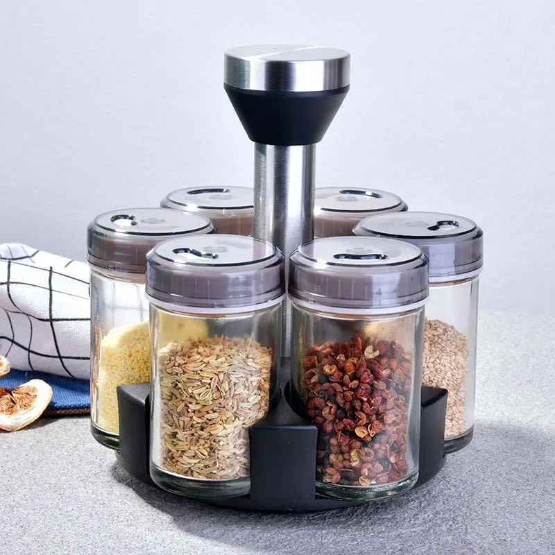 

Kitchen glass seasoning storage bottle combination with lid salt white brown sugar seasoning jar rotating rack seasoning bottle