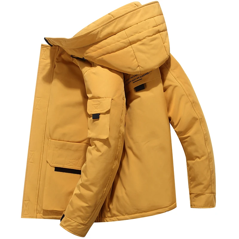 

2020 New Outdoor Casual White Duck Down Jacket Fashion Mulit-Pocket Cargo Jackets Men Hooded Zipper Coat Overcoats Male