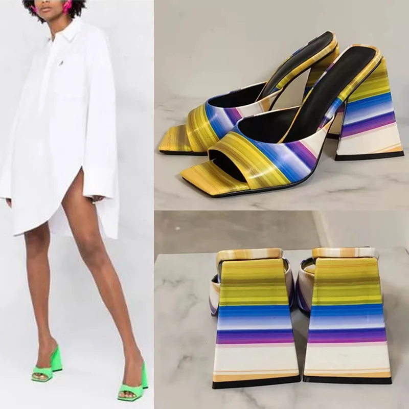 

Summer Outer Wear New Square Toe Thick Heel Open Toe High Heel Slippers Fashion Stage Catwalk Large Size Patent Leather Sandals