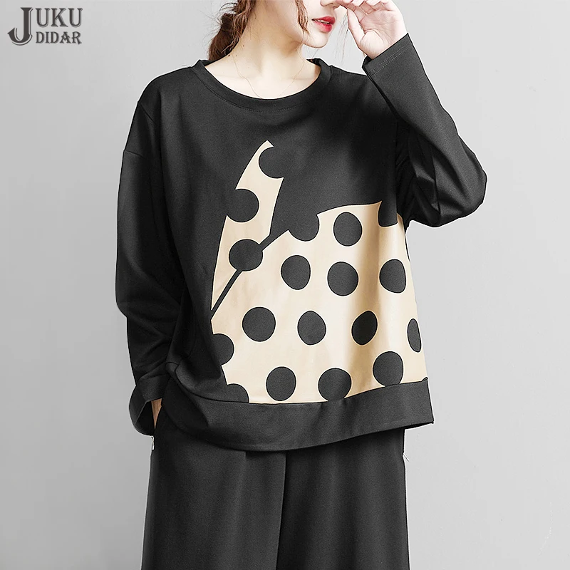 

New Autumn Long Sleeve Loose Fit Japanese Style Woman Black Tee Top Dots Print Girls Casual Streetwear Oversized T-Shirt JJXT026