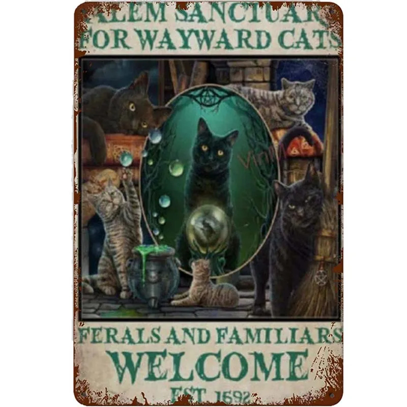 

Детская черная кошка клейвонг для Хэллоуина металлические жестяные знаки ведьма Салем заповедник винтажный Настенный декор ретро искусст...