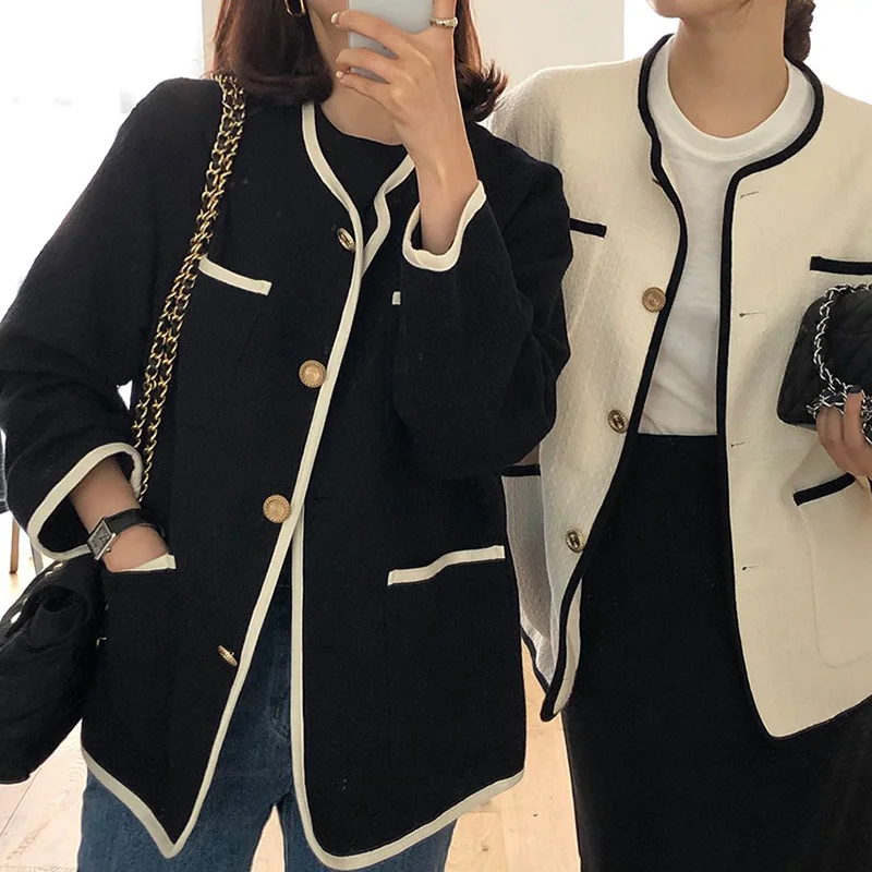 

2023 Autumn Winter Korean Style Vintage Tweed Jacket Women Long Sleeve Single Breasted Loose Minimalist Ladies Coats Elegant