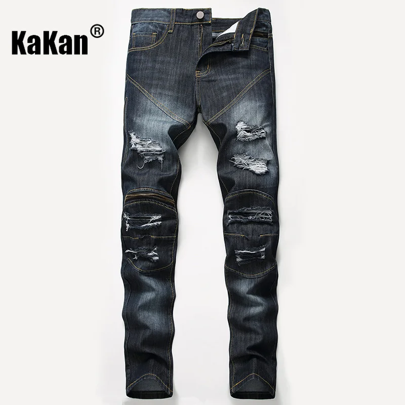 Kakan - European and American New Zipper Straight Leg Wide Leg Jeans for Men, Washable Old Hole Black Long Jeans K36-333