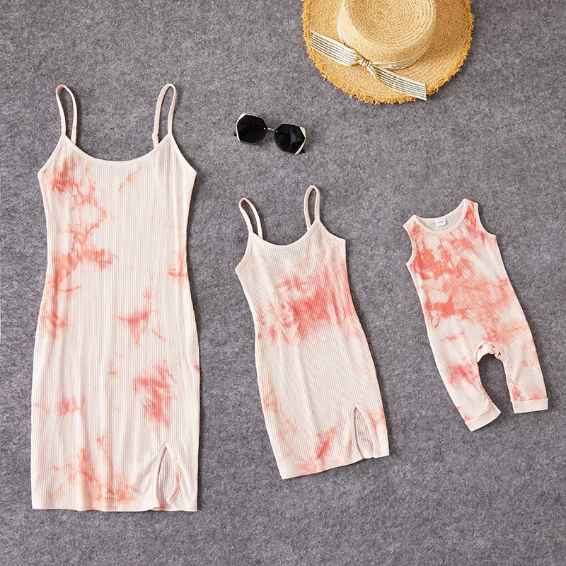 Mommy and Daughters Matching Clothes Family Matching Outfits Sleeveless Tie Dye Mother Kids Girls Baby Romper Dress Mom Summer