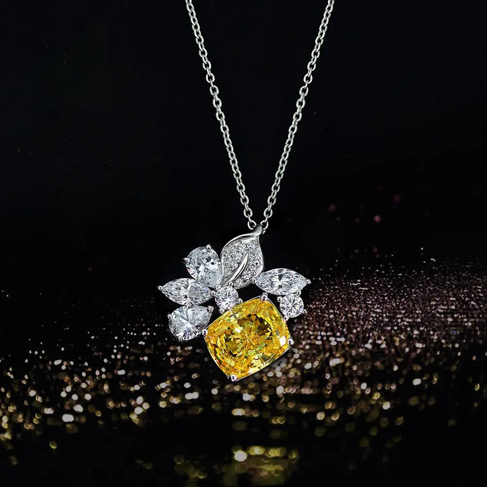 

100% 925 Sterling Silver 10*12mm Yellow High Carbon Diamond Pendant Necklace For Women Sparkling Wedding Fine Jewelry Gift