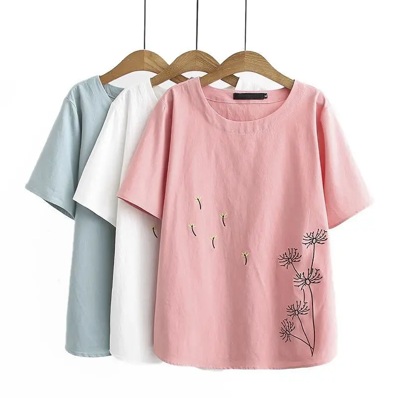 

Imitation cotton and linen short sleeve T-shirt female mother loose 2022 summer new literary embroidered middle-aged women's top