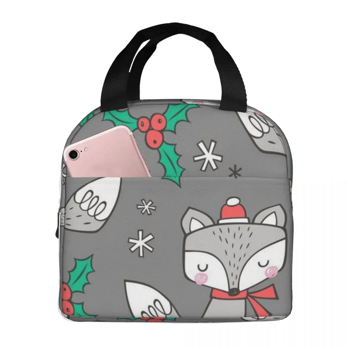 

Christmas Fox Portable Insulated Oxford Lunch Bag Reusable Lunch Box Lunch Organizer Thermal Cooler Tote Bag