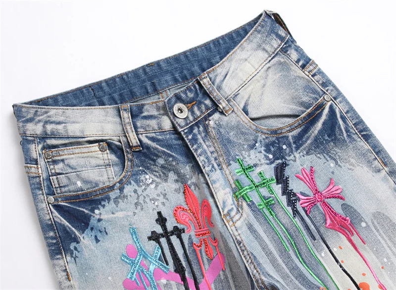 Men's Colorful Graffiti Printed Jeans Y2K Colorful Slim Fit Tapered Elastic Casual Pants Fashion Street Clothing Small Foot Pant