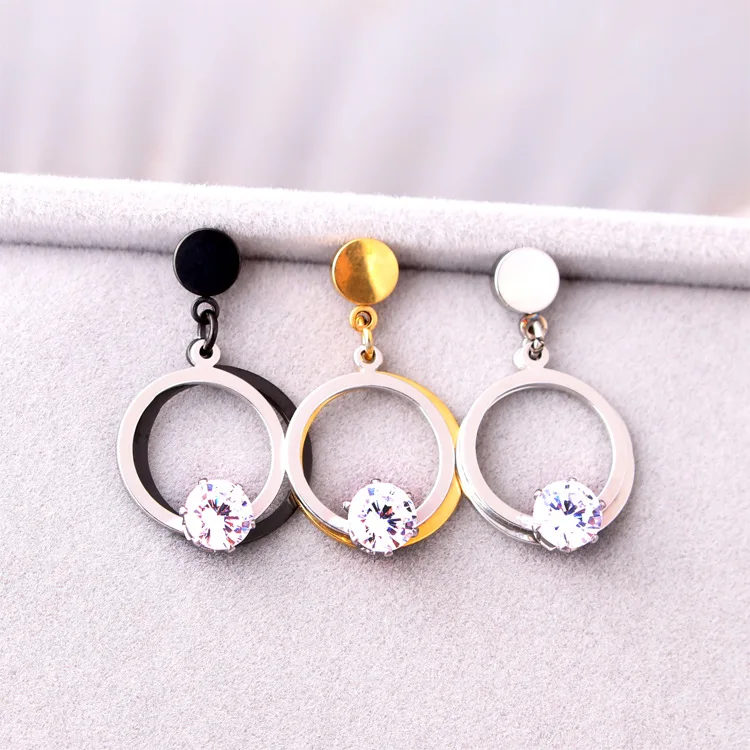 

Fashion Women Color Gold Black Transparent Crystal Titanium Steel Round Circle Hollow Stones Drop Earrings Brincos Jewelry