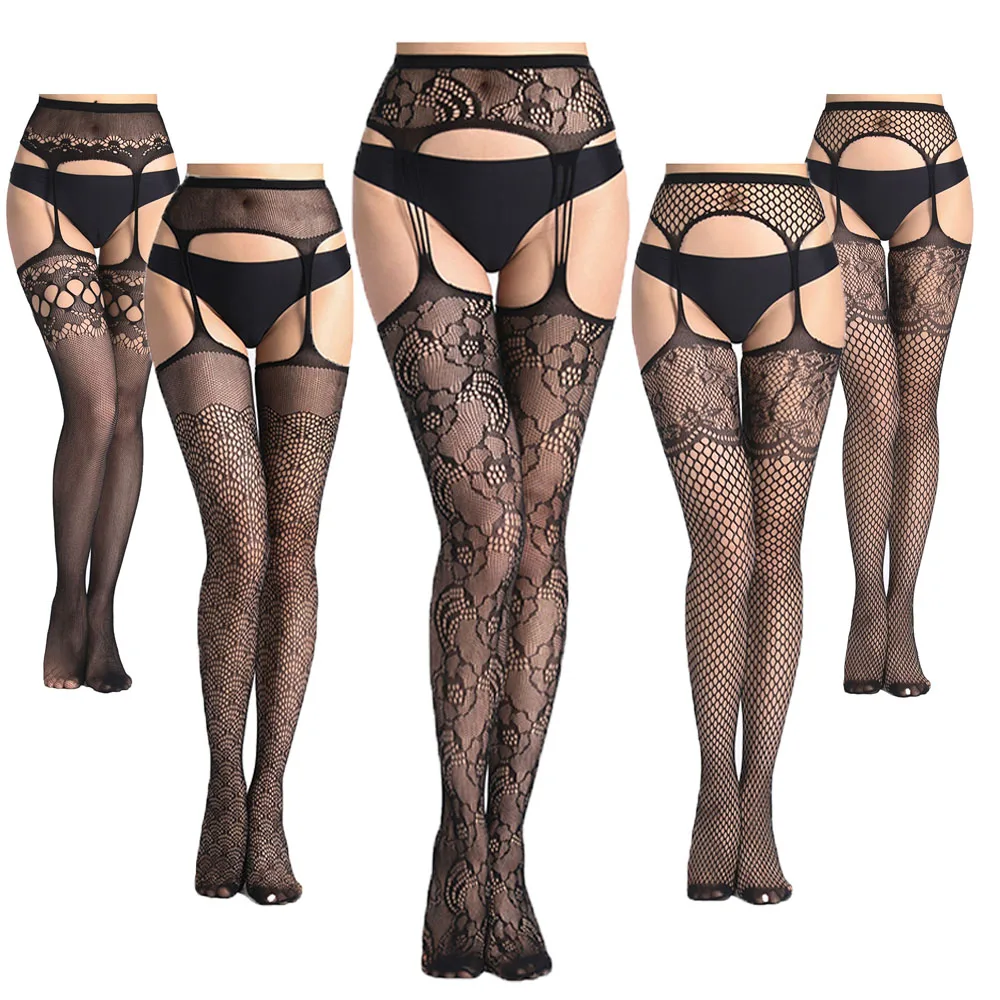 

Sexy Suspender Fishnet Stocking Stretchy Plus Pantyhose Thigh-High Classic Open Crotch Stockings Flower Tights For Women