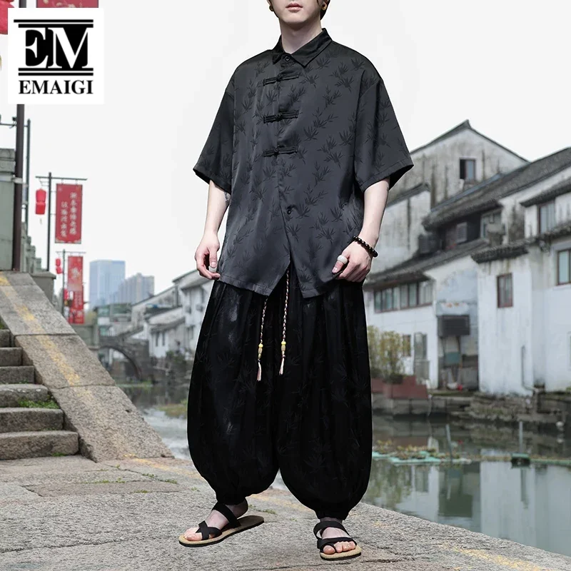 Мужская летняя жаккардовая винтажная свободная повседневная рубашка с коротким