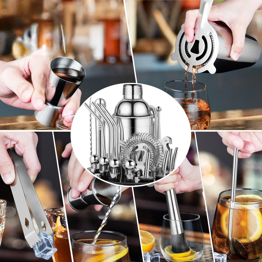 

30pcs/set stainless steel cocktail shaker set round acrylic stand cocktail bar shaker tool