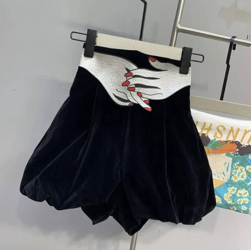 Дизайнерские женские вельветовые шаровары с высокой талией и вышивкой