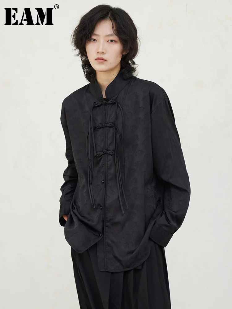 

[EAM] Women Black Buckle Tassle Big Size Blouse New Stand Collar Long Sleeve Loose Fit Shirt Fashion Spring Autumn 2023 1DH0439